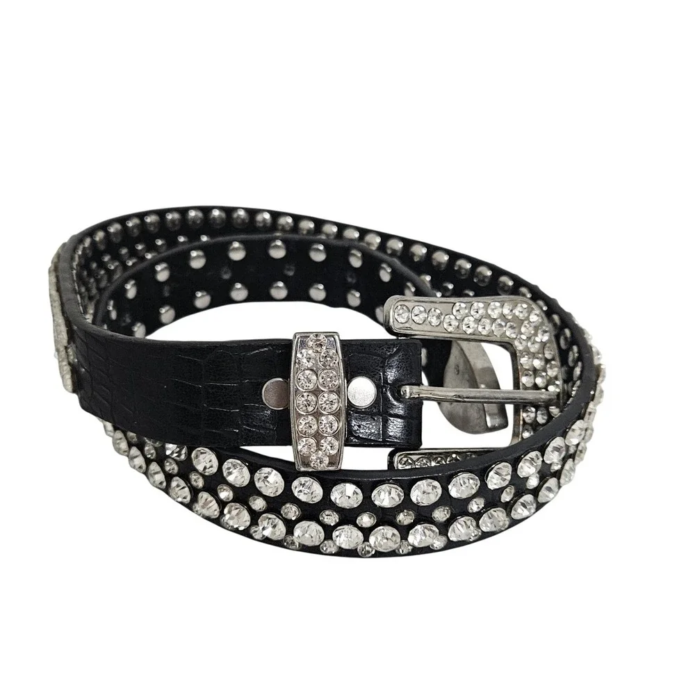Beltiscool Belt Womens 35 Black Rhinestone Western Bling Croc Embossed Rockstar*